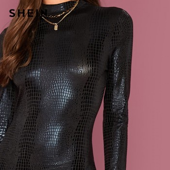 SHEIN Black Mock Neck Crocodile Embossed Glamorous Bodycon Dress Women Autumn Solid Long Sleeve Form Fitted Short Dresses